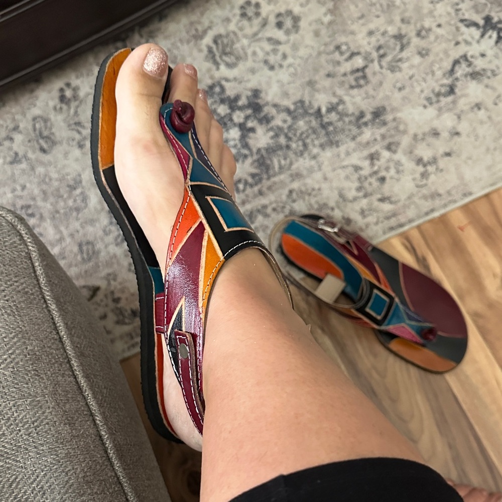 Genuine Tooled Leather Multicolor Geometric Women's Sandals - Picture 8 of 9